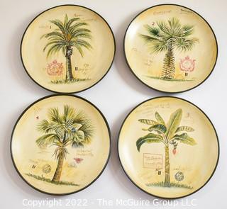 Set of Four (4) Decorative Tam San Designs Hand Painted Palm Tree Plates. Measures 10" in diameter.