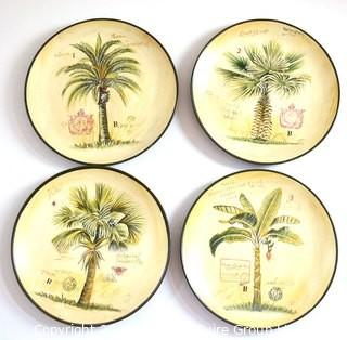 Set of Four (4) Decorative Tam San Designs Hand Painted Palm Tree Plates. Measures 10" in diameter.