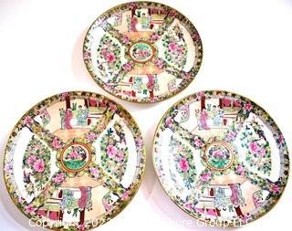 Set of Three (3) Vintage Asian Incised Hand Painted Rose Medallion Plates.  Each measure 10" in diameter.