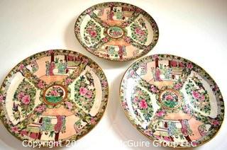 Set of Three (3) Vintage Asian Incised Hand Painted Rose Medallion Plates.  Each measure 10" in diameter.