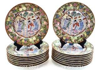 Set of (16) Asian Incised Hand Painted Famille Rose Mandarin Plates.  Each measure 10" in diameter.