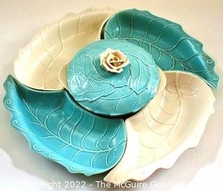 Vintage White & Teal Valley Vista California Pottery 6 piece Lazy Susan Server With Lid