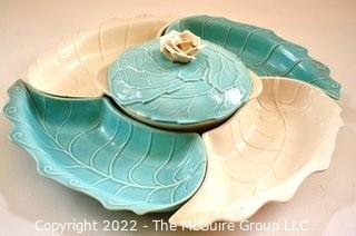 Vintage White & Teal Valley Vista California Pottery 6 piece Lazy Susan Server With Lid