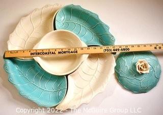 Vintage White & Teal Valley Vista California Pottery 6 piece Lazy Susan Server With Lid