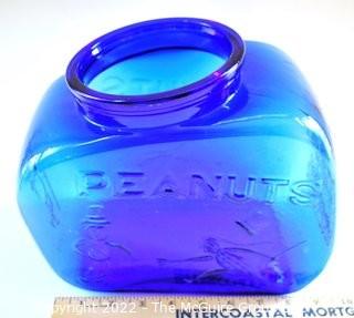 Vintage Cobalt Blue Pennant Peanut Cookie Jar, No Lid.  Measures 8" tall & 9 " long. 