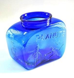 Vintage Cobalt Blue Pennant Peanut Cookie Jar, No Lid.  Measures 8" tall & 9 " long. 