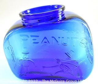 Vintage Cobalt Blue Pennant Peanut Cookie Jar, No Lid.  Measures 8" tall & 9 " long. 