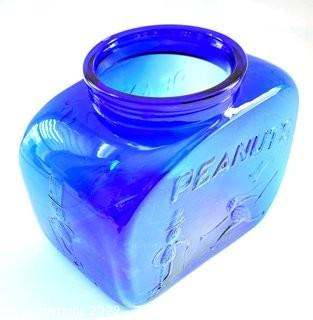 Vintage Cobalt Blue Pennant Peanut Cookie Jar, No Lid.  Measures 8" tall & 9 " long. 