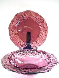 Set of Two (2) Plum Carnival Glass Serving Platter and Bowl.  Both measure 13" in diameter.