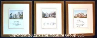 Set of Three (3) Framed Under Glass Hand Colored Aquatint Engravings From "Domestic Architecture - Being a Series of Designs for Mansions, Villas in the Grecian, Italian, and Old English Styles of Architecture" by HG Bohn, c 1833.  Each measure 18" x 22".