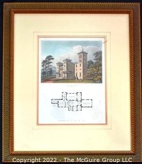 Set of Three (3) Framed Under Glass Hand Colored Aquatint Engravings From "Domestic Architecture - Being a Series of Designs for Mansions, Villas in the Grecian, Italian, and Old English Styles of Architecture" by HG Bohn, c 1833.  Each measure 18" x 22".