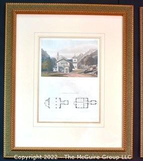 Set of Three (3) Framed Under Glass Hand Colored Aquatint Engravings From "Domestic Architecture - Being a Series of Designs for Mansions, Villas in the Grecian, Italian, and Old English Styles of Architecture" by HG Bohn, c 1833.  Each measure 18" x 22".