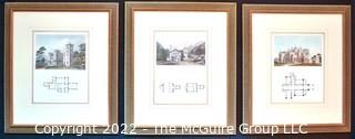 Set of Three (3) Framed Under Glass Hand Colored Aquatint Engravings From "Domestic Architecture - Being a Series of Designs for Mansions, Villas in the Grecian, Italian, and Old English Styles of Architecture" by HG Bohn, c 1833.  Each measure 18" x 22".