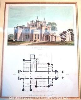 Set of Three (3) Framed Under Glass Hand Colored Aquatint Engravings From "Domestic Architecture - Being a Series of Designs for Mansions, Villas in the Grecian, Italian, and Old English Styles of Architecture" by HG Bohn, c 1833.  Each measure 18" x 22".