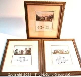 Set of Three (3) Framed Under Glass Hand Colored Aquatint Engravings From "Domestic Architecture - Being a Series of Designs for Mansions, Villas in the Grecian, Italian, and Old English Styles of Architecture" by HG Bohn, c 1833.  Each measure 18" x 22".