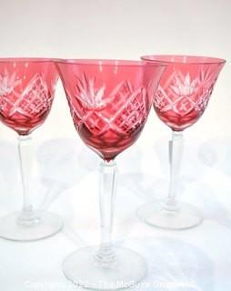 Vintage Cranberrry Red Cut Crystal Goblets and Bowl.  Some  with flea bites.