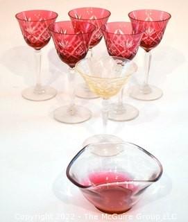 Vintage Cranberrry Red Cut Crystal Goblets and Bowl.  Some  with flea bites.