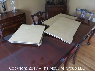 DR table, 2 leaves, custom pads and set of 6 upholstered seat chairs (5 side, 1 arm) 
(table length without leaves: 75"; each leaf 24")