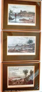 Set of Three (3) Framed Under Glass Colored Lithographs of Brazil by V. Adam & Engraved by Engelmann, c 1823. Each measure 15" x 19".