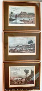 Set of Three (3) Framed Under Glass Colored Lithographs of Brazil by V. Adam & Engraved by Engelmann, c 1823. Each measure 15" x 19".