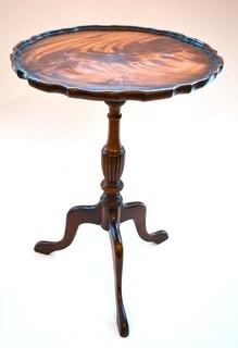 Chippendale Style Mahogany Pie Crust Three Leg Pedestal Table.  Measures 25" tall and 18" in diameter.