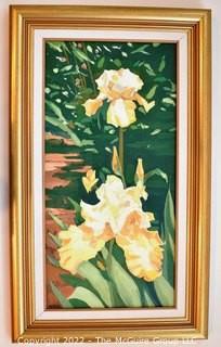 Framed Original Oil on Canvas of Irises Signed by Artist Jeri Watson.  It measures 14" x 24".