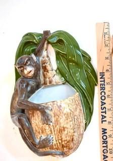 Vintage Monkey and Coconut Ceramic Wall Pocket