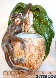 Vintage Monkey and Coconut Ceramic Wall Pocket