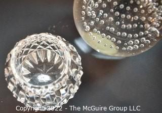 Two (2) Hand Blown Glass Paperweights and Crystal Votive. 