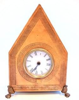 Embossed Leather Mantel Clock with Brass Feet.  Measures 10" tall.