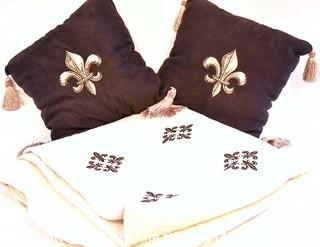 Two (2) Fleur-de-Lis Accent Pillows and Coordinating Quilt.