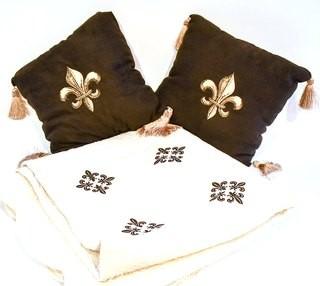 Two (2) Fleur-de-Lis Accent Pillows and Coordinating Quilt.