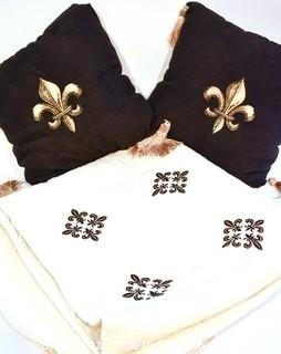 Two (2) Fleur-de-Lis Accent Pillows and Coordinating Quilt.