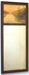 Early 19th Century Trumeau Mirror With Reverse Painting on Glass in Wood Frame. 11" W x 27" L.