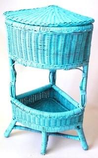 Blue Painted Wicker Corner Storage Basket.  Measures 22" tall.