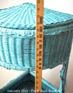 Blue Painted Wicker Corner Storage Basket.  Measures 22" tall.