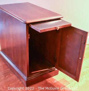 Contemporary Side Table with Doors and Attached Magazine Rack. Measures 13" x 20" x 20".