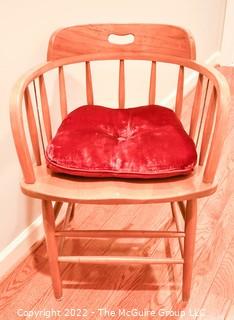 Oak Wooden Windsor Style Chair with Red Cushion.