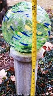 Cement Garden Pillar with Blown Glass Gazing Ball.  Measures 24" tall. 