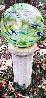 Cement Garden Pillar with Blown Glass Gazing Ball.  Measures 24" tall. 