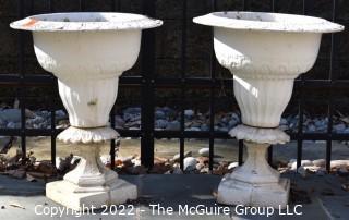 Pair of Two White Cast Iron Pedestal Garden Urns or Planters.  Measure 25" tall and 19" in diameter.