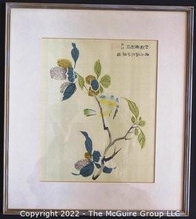 Two (2) Framed Under Glass Chinese Gouache Watercolor Paintings on Silk Of Birds And Branches With Chopmarks.  Measures 17 X 15"
