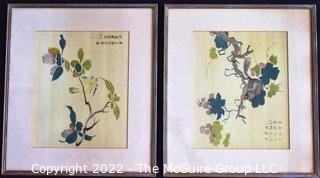 Two (2) Framed Under Glass Chinese Gouache Watercolor Paintings on Silk Of Birds And Branches With Chopmarks.  Measures 17 X 15"
