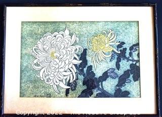 Framed Under Glass Vintage Benji Asada Japanese Woodblock Print "Chrysanthemums".  Back reads originated by Benji Asada.  Measures 12" x 17".