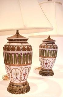 Pair of Hand Painted Asian Theme Porcelain Table Lamps with Shades. 24" tall with shade. 