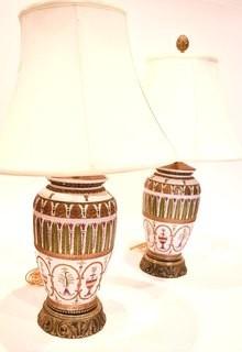 Pair of Hand Painted Asian Theme Porcelain Table Lamps with Shades. 24" tall with shade. 