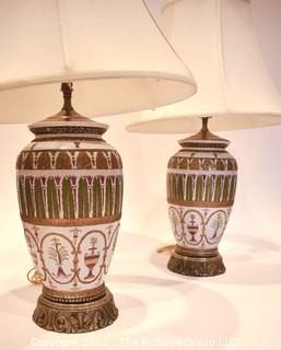 Pair of Hand Painted Asian Theme Porcelain Table Lamps with Shades. 24" tall with shade. 