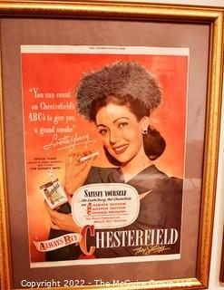 Framed Under Glass Collection of Hollywood Actresses' in Magazine Ads for Chesterfield and Lucky Strike Cigarettes. Each 14 x 18"