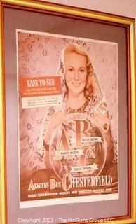 Framed Under Glass Collection of Hollywood Actresses' in Magazine Ads for Chesterfield and Lucky Strike Cigarettes. Each 14 x 18"