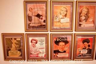 Framed Under Glass Collection of Hollywood Actresses' in Magazine Ads for Chesterfield and Lucky Strike Cigarettes. Each 14 x 18"